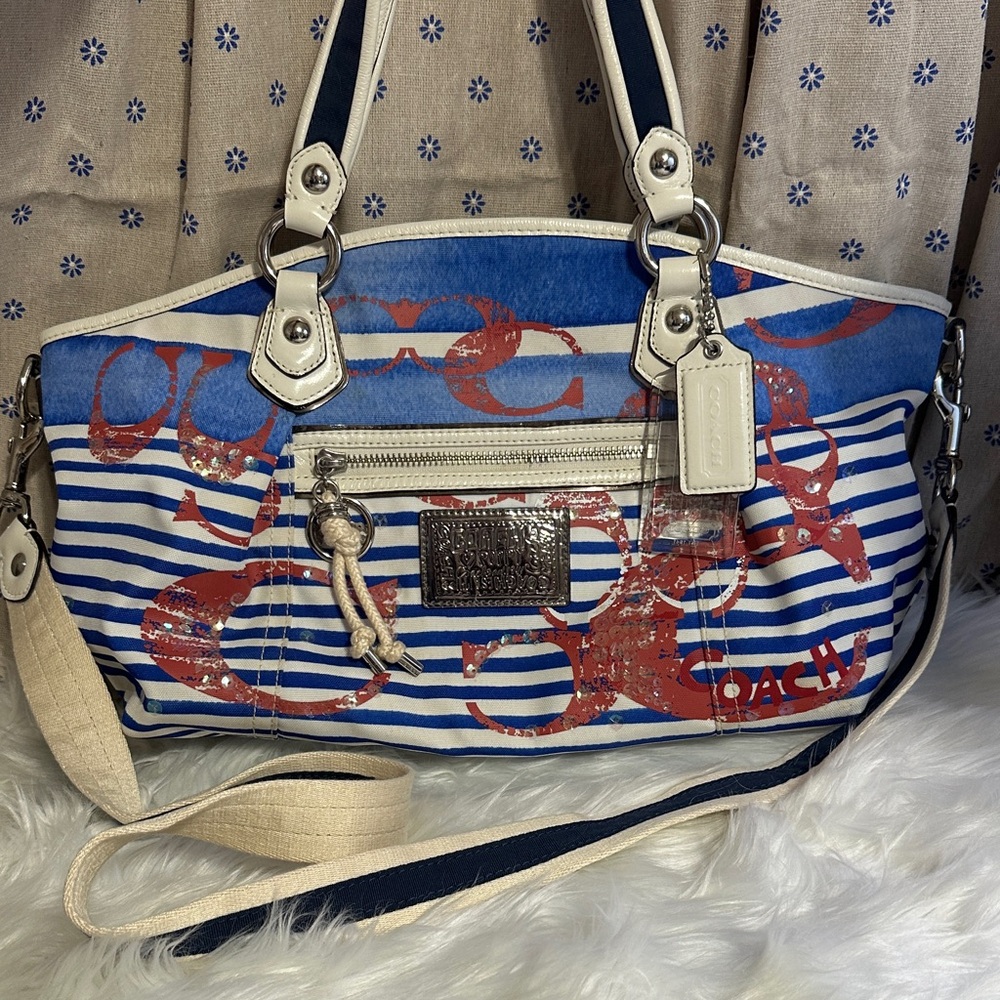 Coach Blue and White Striped Shoulder Bag with Red Accents